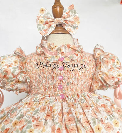 NEW☀️ANNABELLE PEACH FLORAL⚜️HAND-SMOCKED DRESS,🧵🪡KNICKERS & HAIR BOWS🎀 Baby & Toddler Dresses