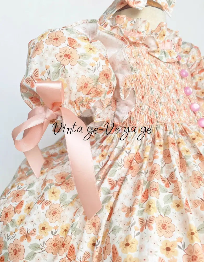 NEW☀️ANNABELLE PEACH FLORAL⚜️HAND-SMOCKED DRESS,🧵🪡KNICKERS & HAIR BOWS🎀 Baby & Toddler Dresses