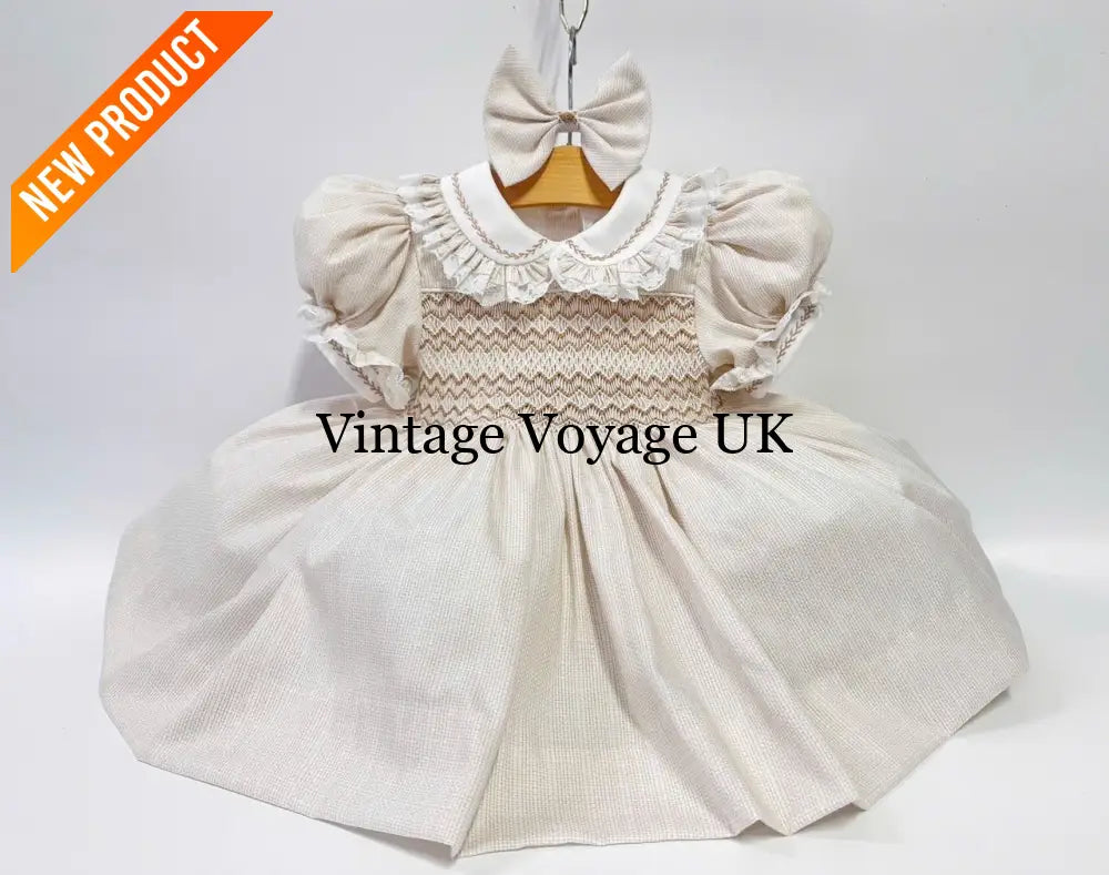 NEW🤩ANNALISE CREAM🍦HAND-SMOCKED🧵🪡DRESS & HAIR ACCESSORIES🎀 Baby & Toddler Dresses