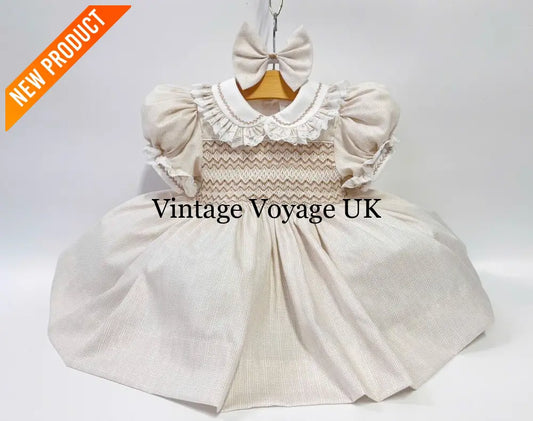 NEW🤩ANNALISE CREAM🍦HAND-SMOCKED🧵🪡DRESS & HAIR ACCESSORIES🎀 Baby & Toddler Dresses