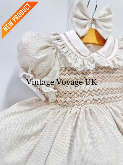 NEW🤩ANNALISE CREAM🍦HAND-SMOCKED🧵🪡DRESS & HAIR ACCESSORIES🎀 Baby & Toddler Dresses