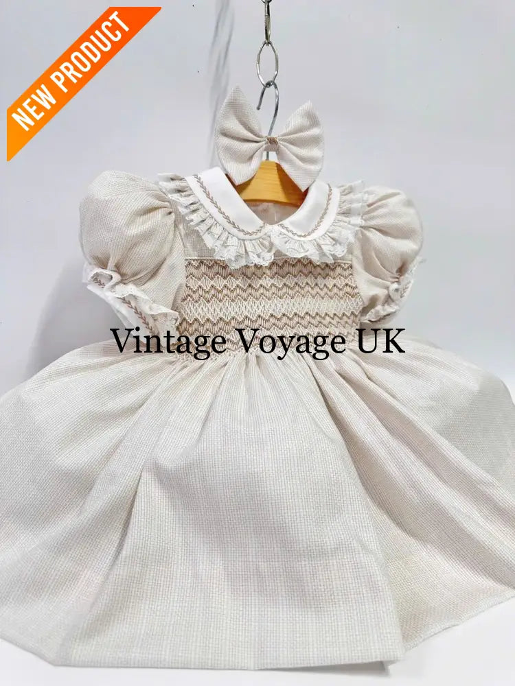 NEW🤩ANNALISE CREAM🍦HAND-SMOCKED🧵🪡DRESS & HAIR ACCESSORIES🎀 Baby & Toddler Dresses