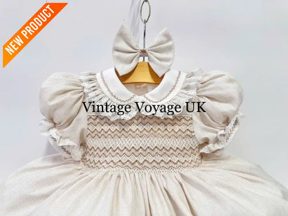 NEW🤩ANNALISE CREAM🍦HAND-SMOCKED🧵🪡DRESS & HAIR ACCESSORIES🎀 Baby & Toddler Dresses