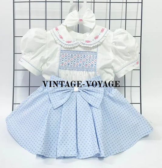 PRE-ORDER&GET NEXT WEEK‼️NEW🤩AUGUSTA BLUE🩵HAND-SMOCKED🧵🪡SKIRT SET AND HAIR BOWS OR HEADBAND 🎀🎀 NB Baby & Toddler Outfits
