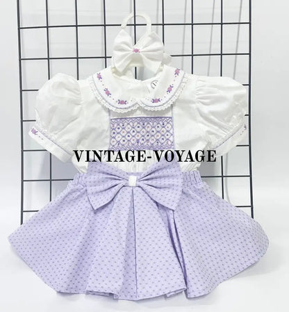 PRE-ORDER&GET NEXT WEEK‼️NEW🤩AUGUSTA LILAC💜HAND-SMOCKED🧵🪡SKIRT SET AND HAIR BOWS OR HEADBAND 🎀🎀 NB Baby & Toddler