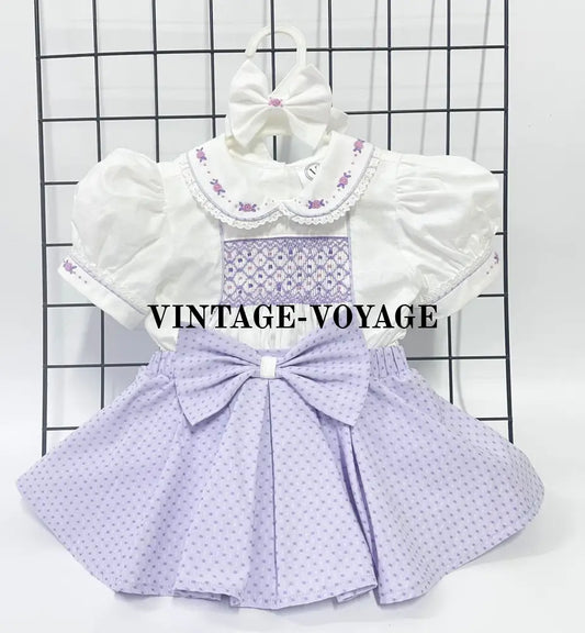 PRE-ORDER&GET NEXT WEEK‼️NEW🤩AUGUSTA LILAC💜HAND-SMOCKED🧵🪡SKIRT SET AND HAIR BOWS OR HEADBAND 🎀🎀 NB Baby & Toddler