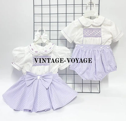 PRE-ORDER&GET NEXT WEEK‼️NEW🤩AUGUSTA LILAC💜HAND-SMOCKED🧵🪡SKIRT SET AND HAIR BOWS OR HEADBAND 🎀🎀 Baby & Toddler Outfits