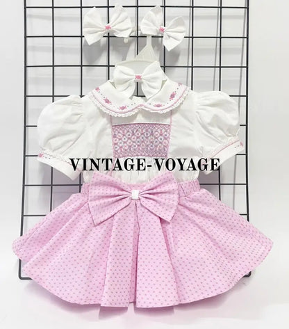 PRE-ORDER&GET NEXT WEEK‼️NEW🤩AUGUSTA PINK🩷HAND-SMOCKED🧵🪡SKIRT SET AND HAIR BOWS OR HEADBAND 🎀🎀 NB Baby & Toddler Outfits