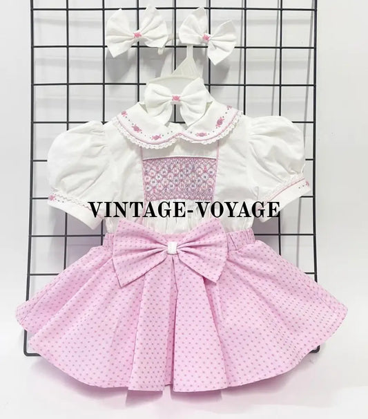 PRE-ORDER&GET NEXT WEEK‼️NEW🤩AUGUSTA PINK🩷HAND-SMOCKED🧵🪡SKIRT SET AND HAIR BOWS OR HEADBAND 🎀🎀 NB Baby & Toddler Outfits