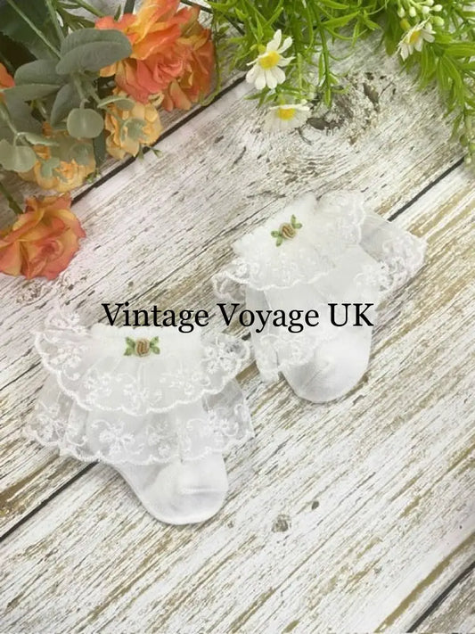 NEW🤎Baby Girls Hand Embroidered White & Creamy/Brown Lace Cotton Socks 6M Baby & Toddler Socks