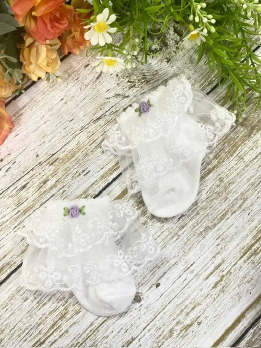 NEW💜Baby Girls Hand-Embroidered White & Lilac Lace Cotton Socks 0-6m Baby & Toddler Socks