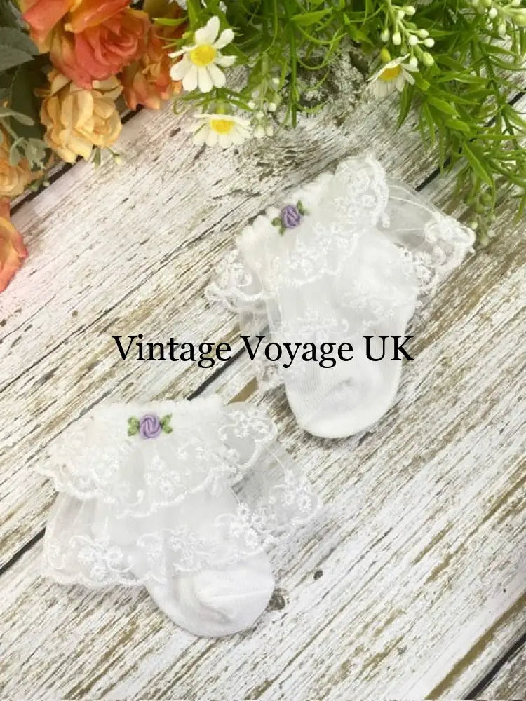 NEW💜Baby Girls Hand-Embroidered White & Lilac Lace Cotton Socks 0-6m Baby & Toddler Socks