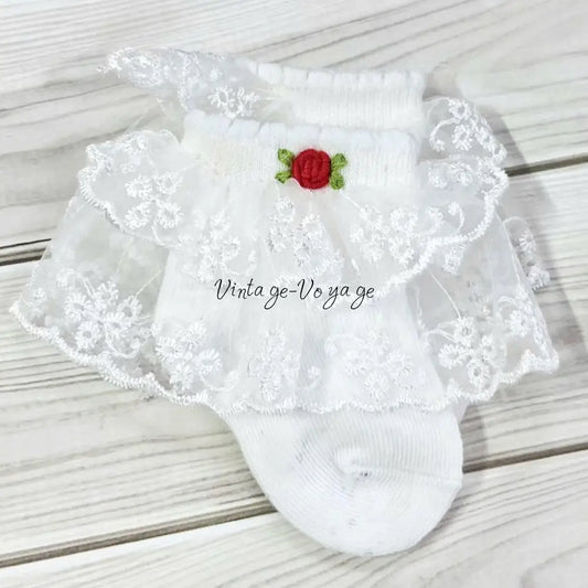 NEW❤️Baby Girls Hand Embroidered White & Red Lace Cotton Socks 6M Baby & Toddler Socks