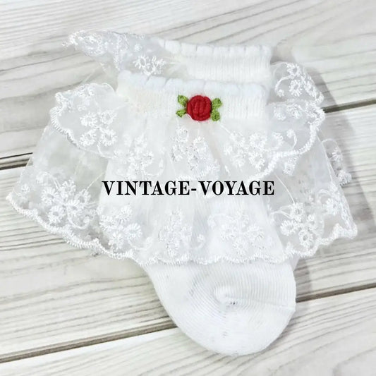 NEW❤️Baby Girls Hand Embroidered White & Red Lace Cotton Socks 6M Baby & Toddler Socks