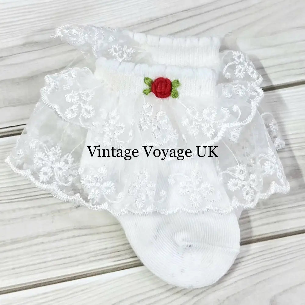 NEW❤️Baby Girls Hand Embroidered White & Red Lace Cotton Socks 6M Baby & Toddler Socks
