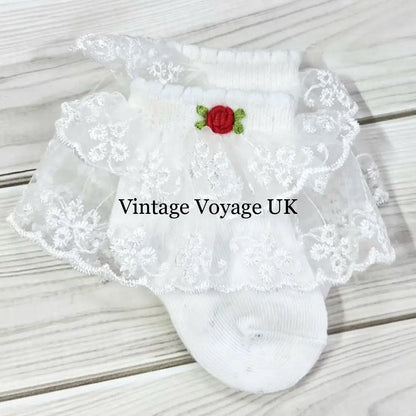 NEW❤️Baby Girls Hand Embroidered White & Red Lace Cotton Socks 6M Baby & Toddler Socks
