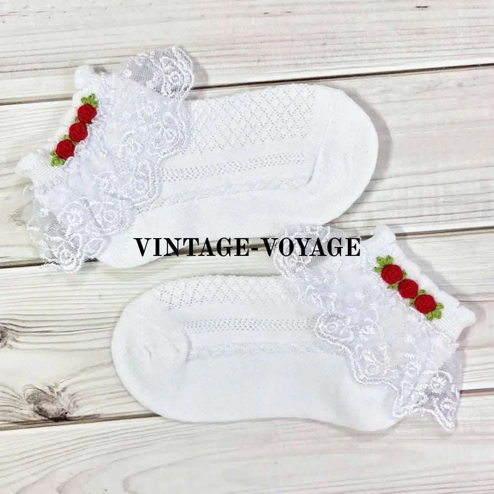 NEW❤️Baby Girls Hand Embroidered White & Red Lace Cotton Socks Baby & Toddler Socks