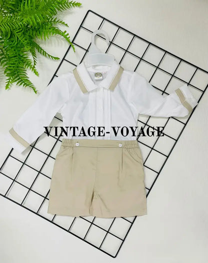 New! Baby/Toddler Boys ’Louis’ Hemstitch Details White & Beige Long Sleeves Outfit 6M Baby