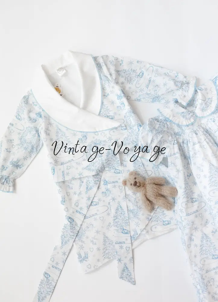 NEW😍Baby/Toddler Girls Blue Christmas Print❄️❄️ Nightdress & Dressing Gown & Hair Accessories Set🥱😴 - 3M - pyjama set