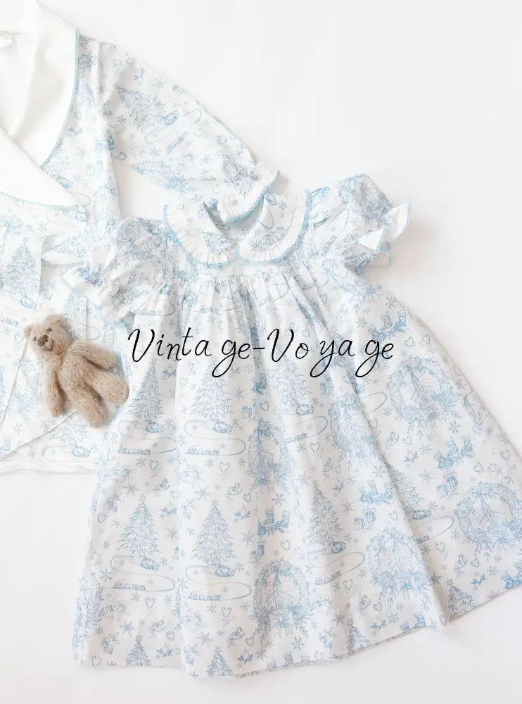 NEW😍Baby/Toddler Girls Blue Christmas Print❄️❄️ Nightdress & Dressing Gown & Hair Accessories Set🥱😴 - 6M - pyjama set