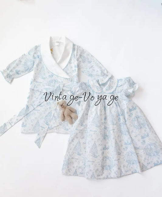 NEW😍Baby/Toddler Girls Blue Christmas Print❄️❄️ Nightdress & Dressing Gown & Hair Accessories Set🥱😴 - pyjama set