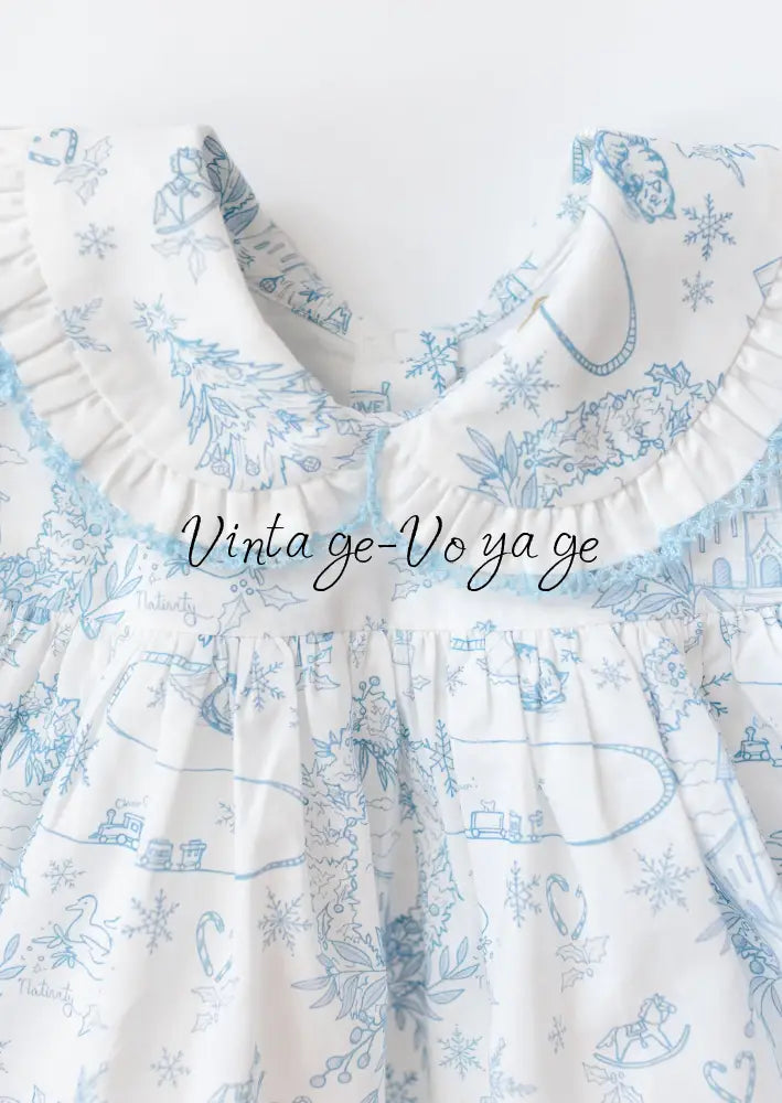 NEW😍Baby/Toddler Girls Blue Christmas Print❄️❄️ Nightdress & Dressing Gown & Hair Accessories Set🥱😴 - pyjama set