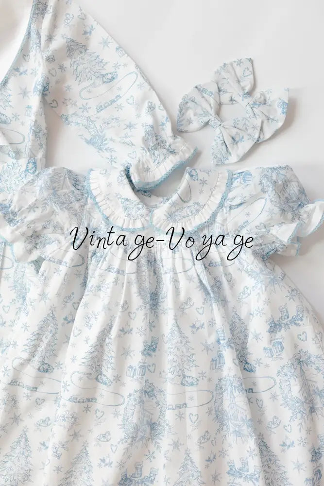 NEW😍Baby/Toddler Girls Blue Christmas Print❄️❄️ Nightdress & Dressing Gown & Hair Accessories Set🥱😴 - pyjama set