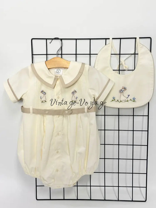 PRE ORDER‼️NEW🤩BAMBINO BISCUIT🍦 HAND EMBROIDERED🧵🪡BABY BOYS ROMPER & BIB🦒 NB 1M Baby & Toddler Outfits