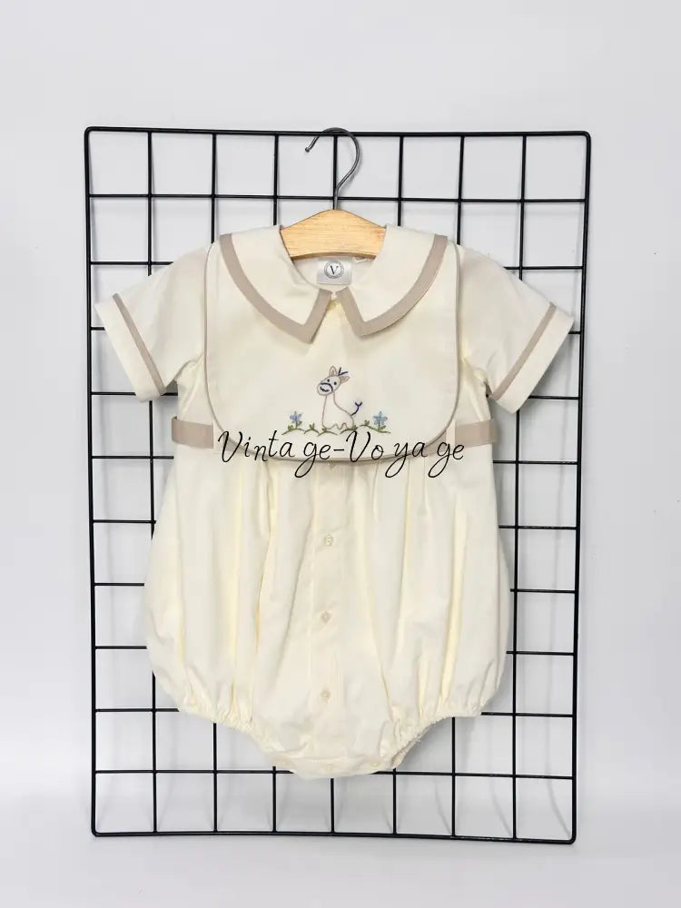 PRE ORDER‼️NEW🤩BAMBINO BISCUIT🍦 HAND EMBROIDERED🧵🪡BABY BOYS ROMPER & BIB🦒 Baby & Toddler Outfits