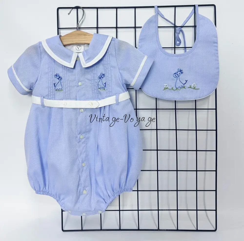 PRE ORDER‼️NEW🤩BAMBINO BLUE HAND EMBROIDERED🧵🪡BABY BOYS ROMPER & BIB🦒 NB 1M Baby & Toddler Outfits