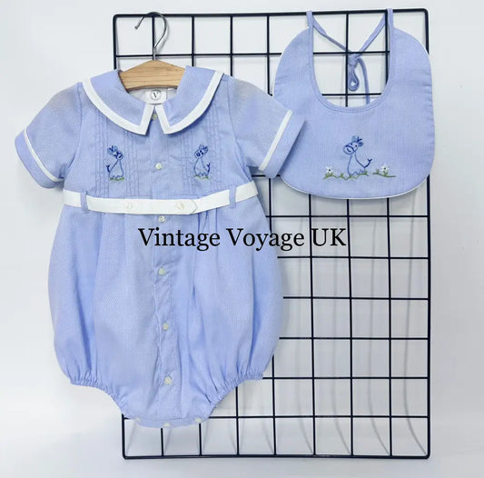 PRE ORDER‼️NEW🤩BAMBINO BLUE HAND EMBROIDERED🧵🪡BABY BOYS ROMPER & BIB🦒 NB 1M Baby & Toddler Outfits
