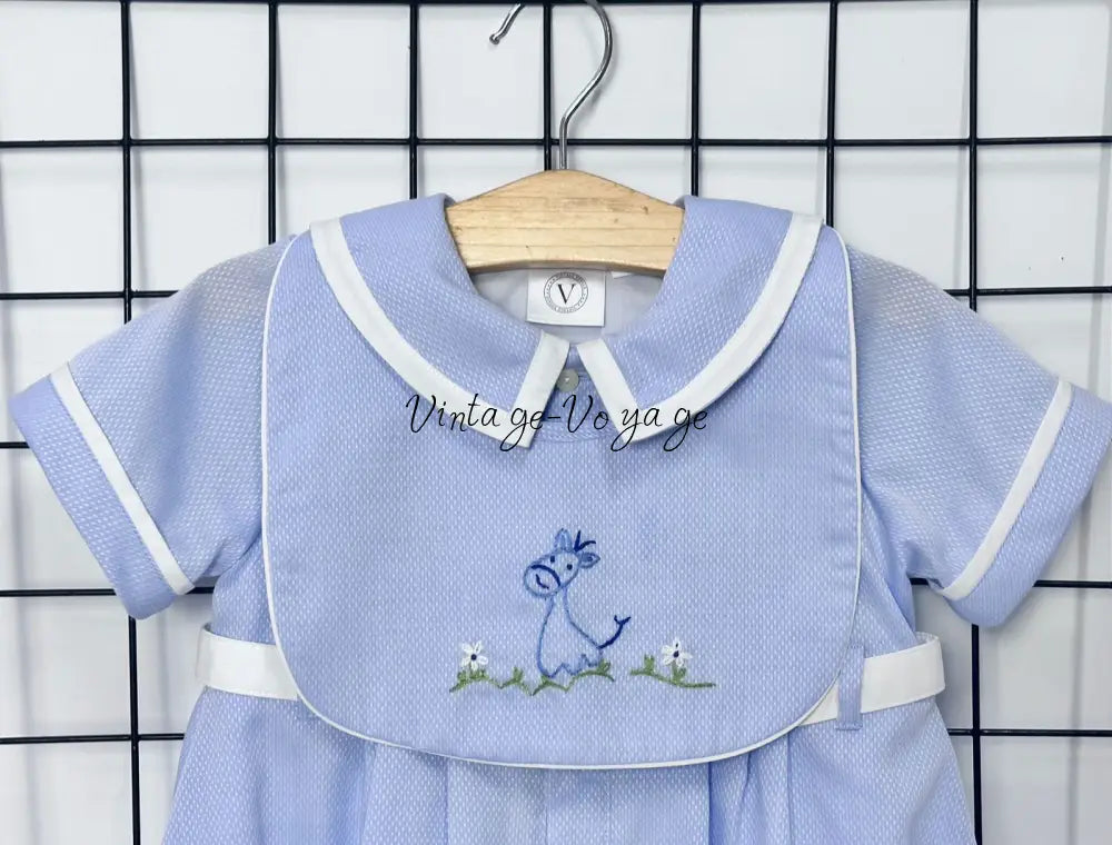 PRE ORDER‼️NEW🤩BAMBINO BLUE HAND EMBROIDERED🧵🪡BABY BOYS ROMPER & BIB🦒 Baby & Toddler Outfits