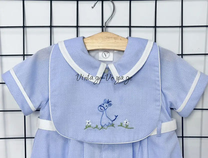 PRE ORDER‼️NEW🤩BAMBINO BLUE HAND EMBROIDERED🧵🪡BABY BOYS ROMPER & BIB🦒 Baby & Toddler Outfits