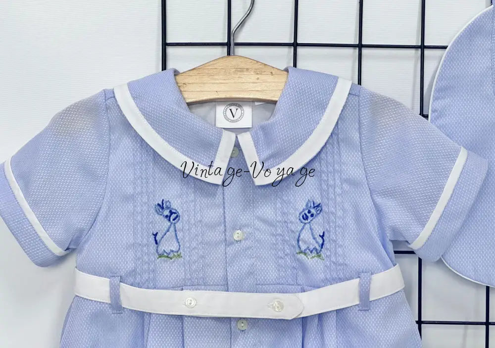 PRE ORDER‼️NEW🤩BAMBINO BLUE HAND EMBROIDERED🧵🪡BABY BOYS ROMPER & BIB🦒 Baby & Toddler Outfits