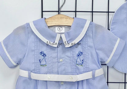 PRE ORDER‼️NEW🤩BAMBINO BLUE HAND EMBROIDERED🧵🪡BABY BOYS ROMPER & BIB🦒 Baby & Toddler Outfits