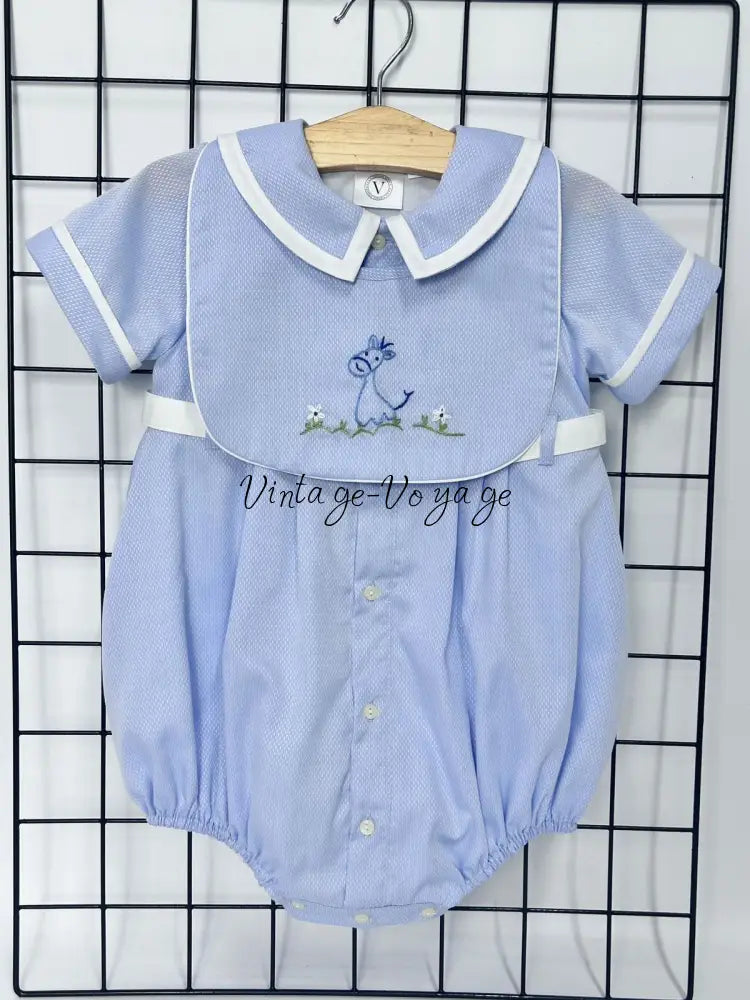 PRE ORDER‼️NEW🤩BAMBINO BLUE HAND EMBROIDERED🧵🪡BABY BOYS ROMPER & BIB🦒 Baby & Toddler Outfits