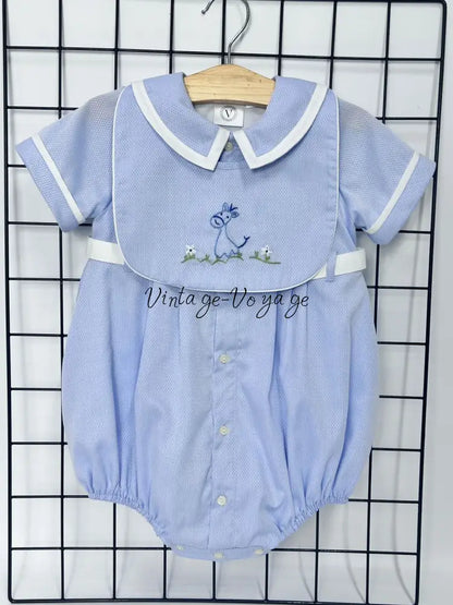 PRE ORDER‼️NEW🤩BAMBINO BLUE HAND EMBROIDERED🧵🪡BABY BOYS ROMPER & BIB🦒 Baby & Toddler Outfits