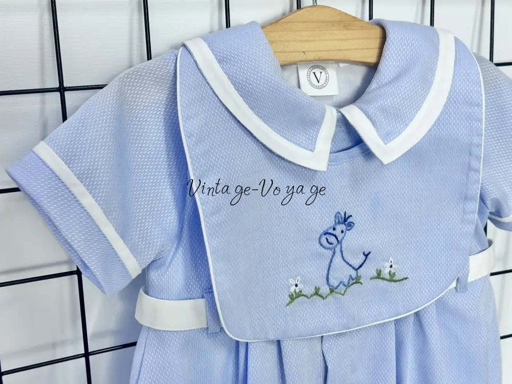 PRE ORDER‼️NEW🤩BAMBINO BLUE HAND EMBROIDERED🧵🪡BABY BOYS ROMPER & BIB🦒 Baby & Toddler Outfits