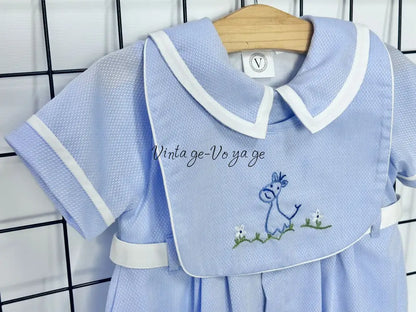 PRE ORDER‼️NEW🤩BAMBINO BLUE HAND EMBROIDERED🧵🪡BABY BOYS ROMPER & BIB🦒 Baby & Toddler Outfits