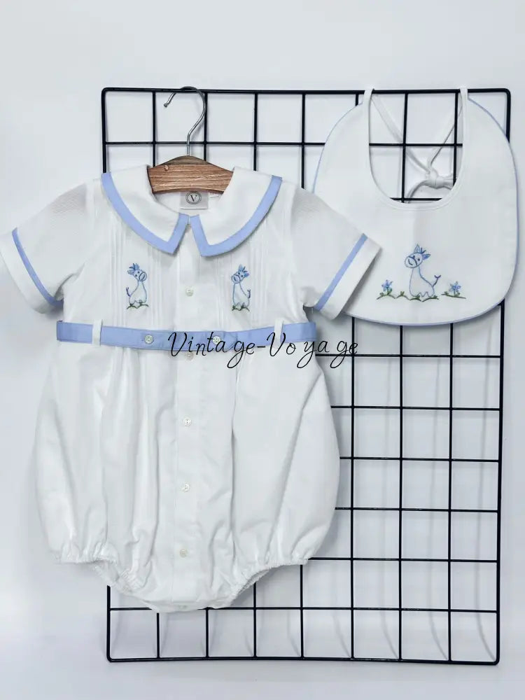 PRE ORDER‼️NEW🤩BAMBINO WHITE HAND EMBROIDERED🧵🪡BABY BOYS ROMPER & BIB🦒 NB 1M Baby & Toddler Outfits