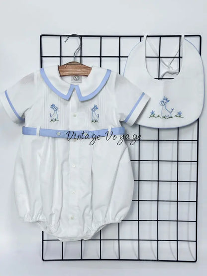 PRE ORDER‼️NEW🤩BAMBINO WHITE HAND EMBROIDERED🧵🪡BABY BOYS ROMPER & BIB🦒 NB 1M Baby & Toddler Outfits