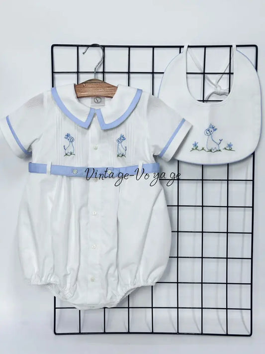 PRE ORDER‼️NEW🤩BAMBINO WHITE HAND EMBROIDERED🧵🪡BABY BOYS ROMPER & BIB🦒 NB 1M Baby & Toddler Outfits