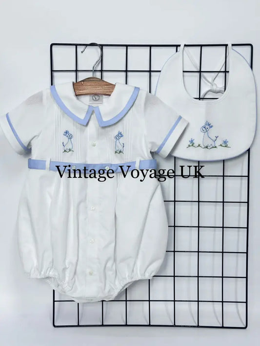 PRE ORDER‼️NEW🤩BAMBINO WHITE HAND EMBROIDERED🧵🪡BABY BOYS ROMPER & BIB🦒 NB 1M Baby & Toddler Outfits