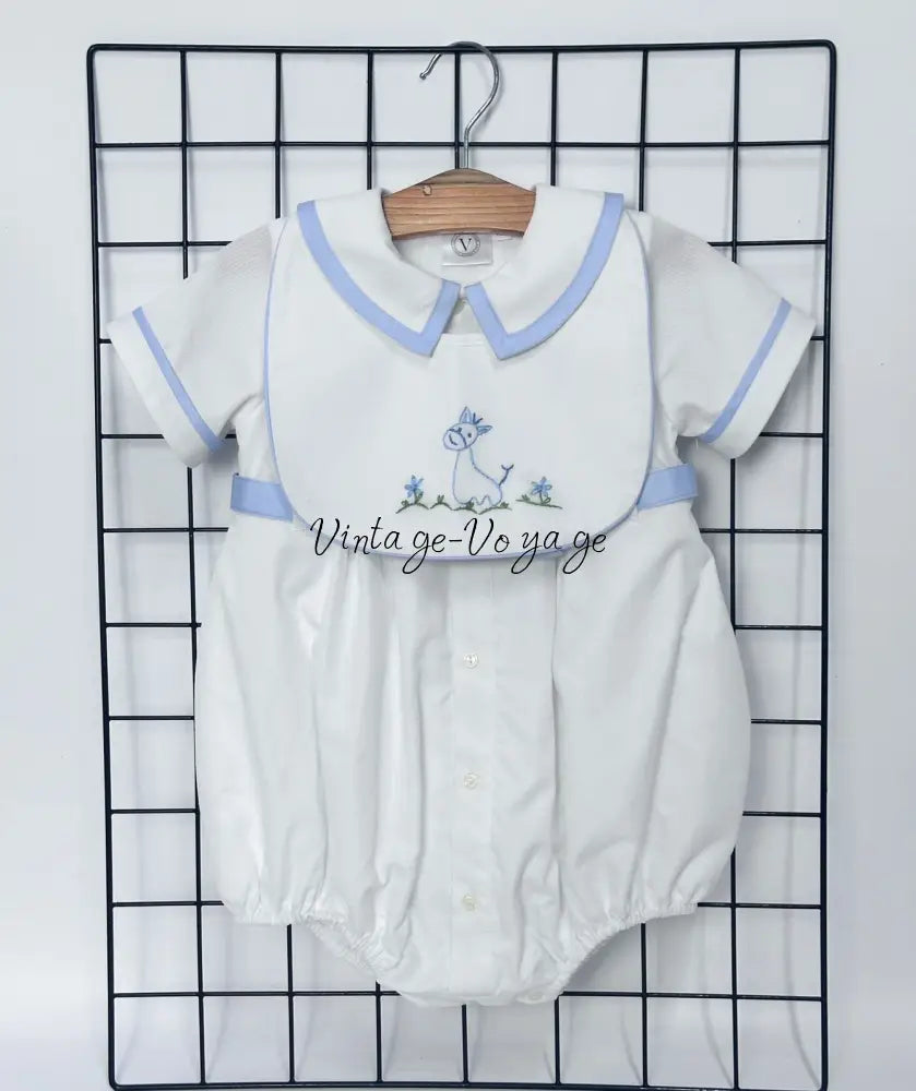 PRE ORDER‼️NEW🤩BAMBINO WHITE HAND EMBROIDERED🧵🪡BABY BOYS ROMPER & BIB🦒 Baby & Toddler Outfits