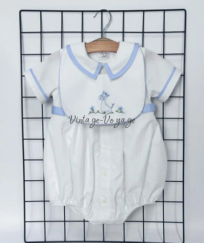 PRE ORDER‼️NEW🤩BAMBINO WHITE HAND EMBROIDERED🧵🪡BABY BOYS ROMPER & BIB🦒 Baby & Toddler Outfits