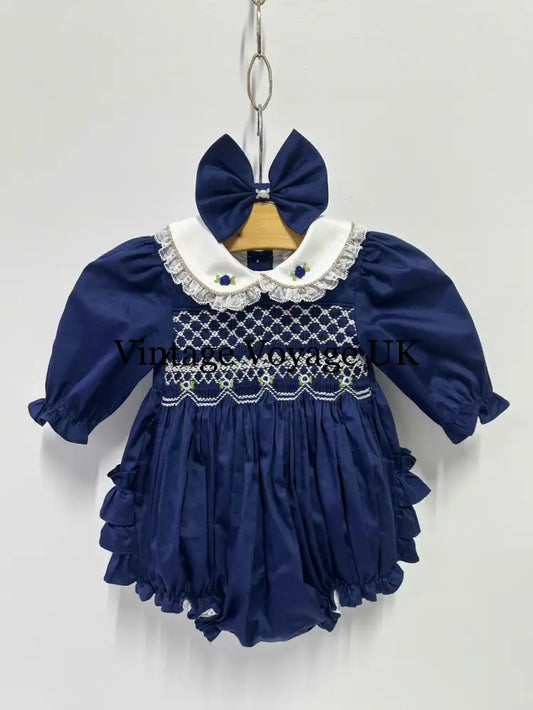 PRE-ORDER NOW & GET NEXT WEEK!NEW! BECKY NAVY BLUE HAND-SMOCKED ROMPER/SUIT 0-3 months Baby & Toddler Outfits