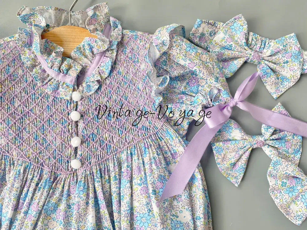 NEW☀️BELLE BLUE & LILAC FLOWERS HAND-SMOCKED ROMPER & HAIR BOWS🎀 Baby & Toddler Outfits