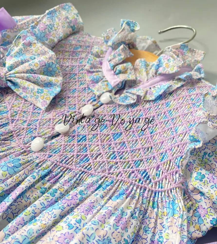 NEW☀️BELLE BLUE & LILAC FLOWERS HAND-SMOCKED ROMPER & HAIR BOWS🎀 Baby & Toddler Outfits