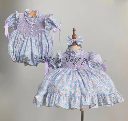 NEW☀️BELLE BLUE & LILAC FLOWERS HAND-SMOCKED ROMPER & HAIR BOWS🎀 Baby & Toddler Outfits