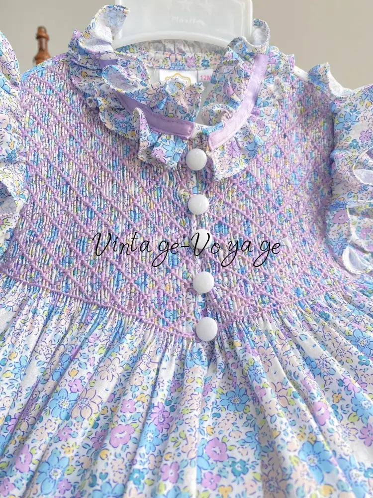 NEW☀️BELLE BLUE & LILAC FLOWERS HAND-SMOCKED ROMPER & HAIR BOWS🎀 Baby & Toddler Outfits